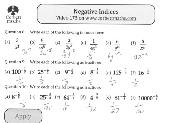 Negative Indices Answers Corbettmaths