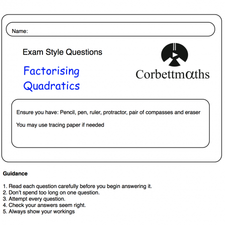 Factorising Quadratics Practice Questions