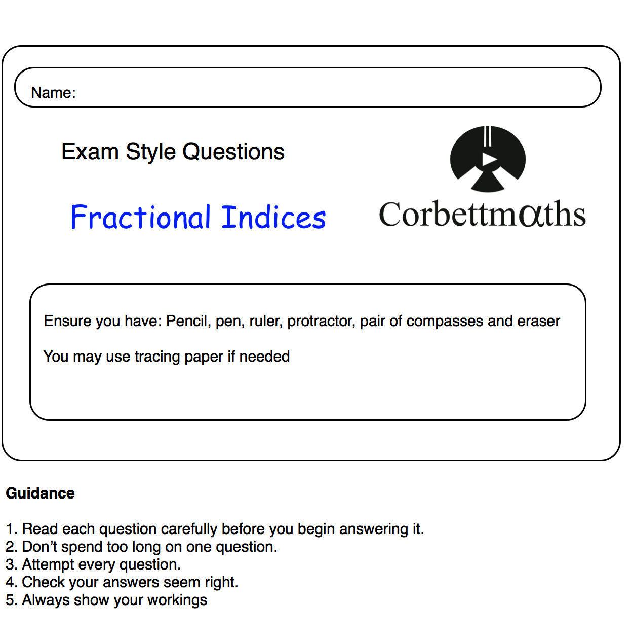 Fractional Indices Practice Questions Corbettmaths