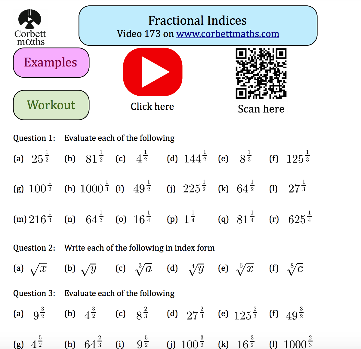 Fractional Indices Textbook Exercise Corbettmaths